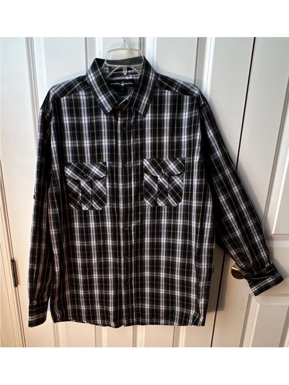 Beverly Hills Polo Club Men's L Woven Plaid Button Shirt Pockets, Roll Up Sleeve